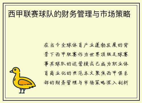 西甲联赛球队的财务管理与市场策略